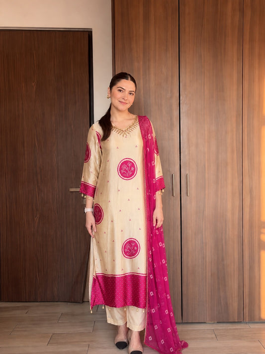 Pure gaji silk with bandani dupatta designer three piece set (B738)