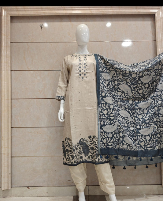 Pure tussar silk with silk dupatta Designer three piece set (A1981)