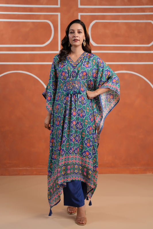 Pure muslin patola print loose fit upto 46 size kaftan set (B970)