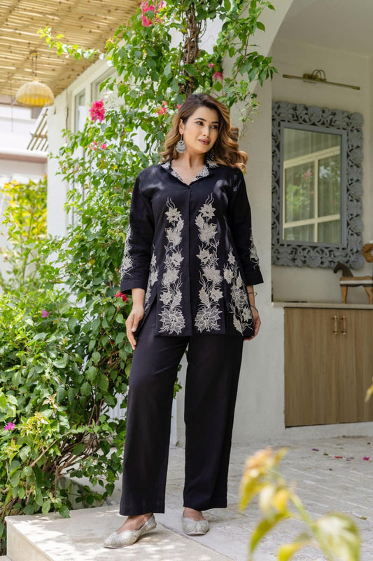 Black pure cotton fully thread work smart two piece cordset (A257)