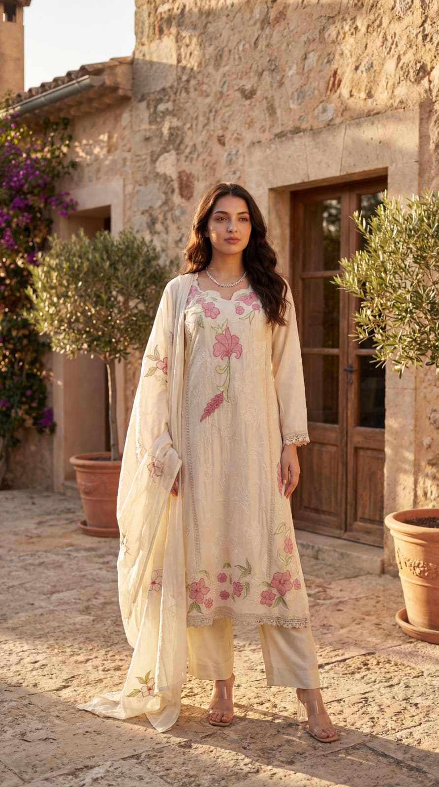 Pure mul chanderi with full thread work mul cotton lining three piece set (B171)