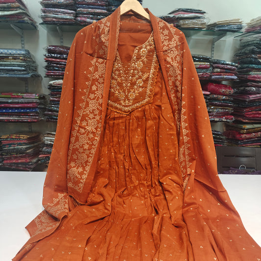 Rust pure cotton flared three piece set (P2263)