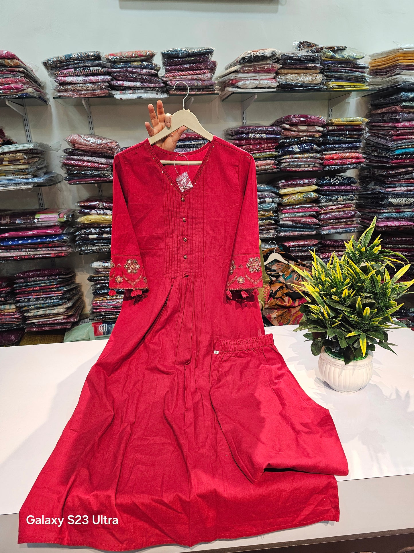 Red Handloom cotton solid color two piece set (P1376)