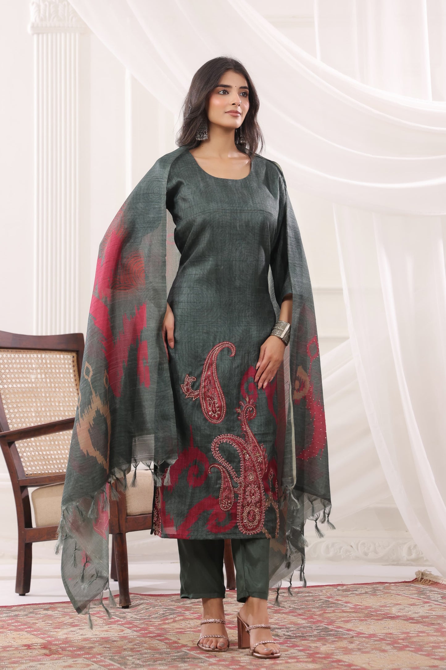 Pure jamdani with thread work three piece set (A1511)