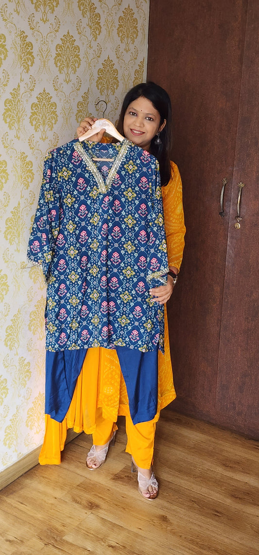 Blue pattola print pure silk two piece cordset (P1266)