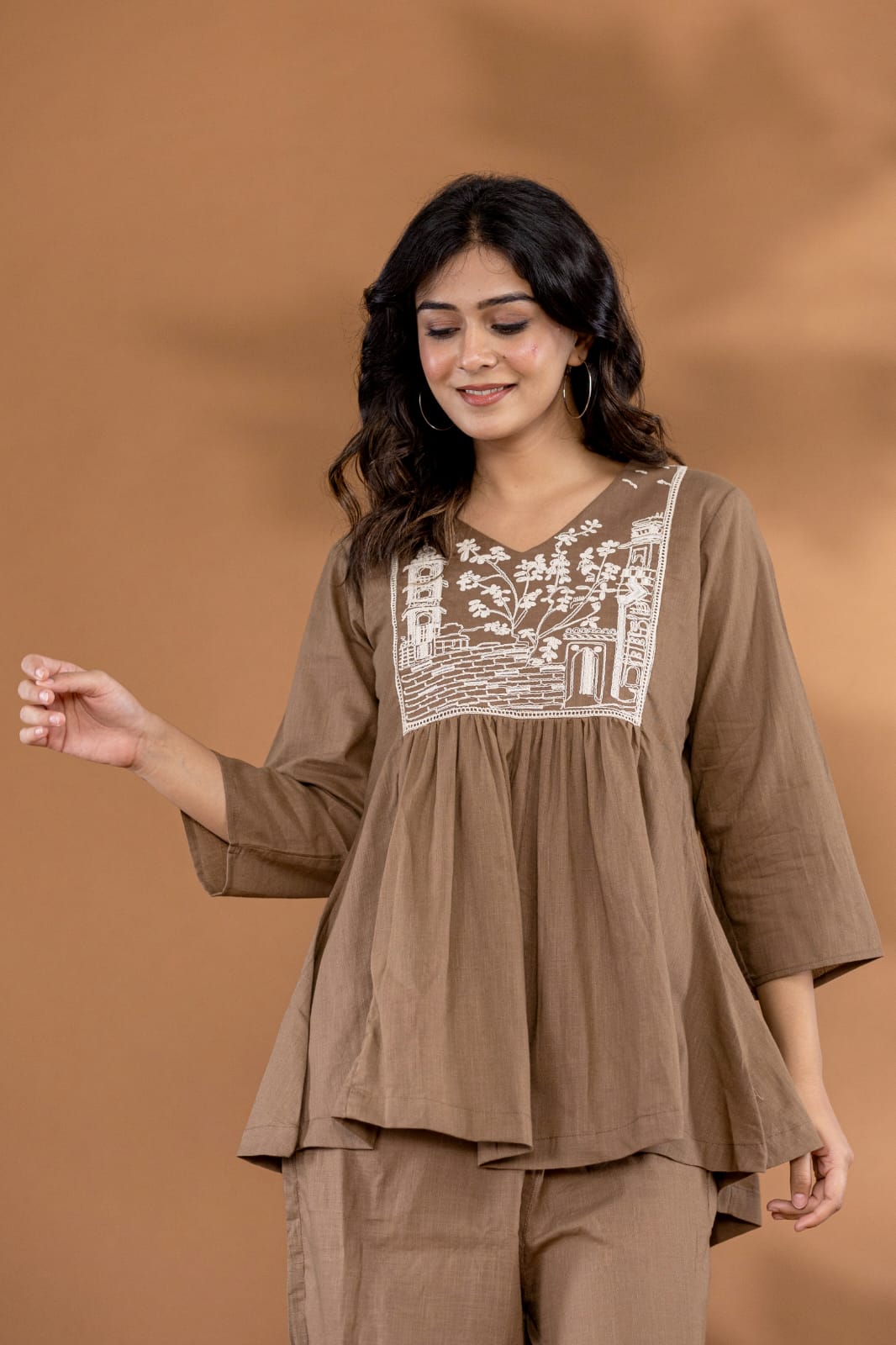 Brown pure cotton fully thread work smart two piece cordset (P1457)