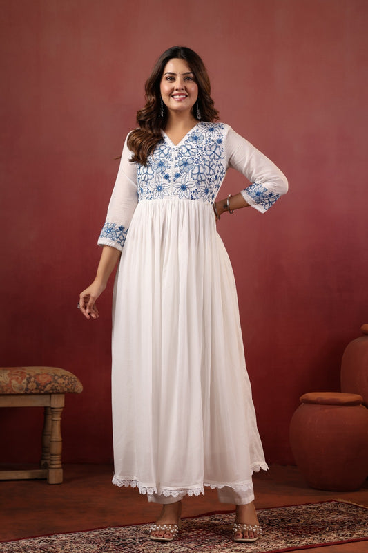 Milky white pure cotton with full lining and thread work flared three piece set (A1778)
