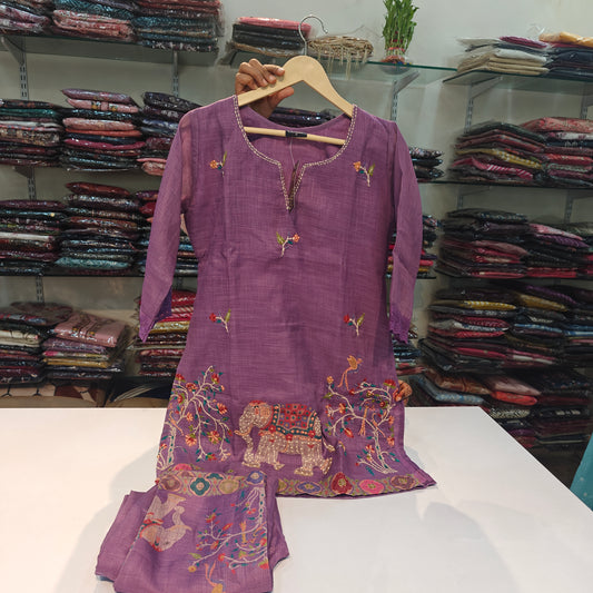 Purple pure linen with full hand work two piece cordset (A512)