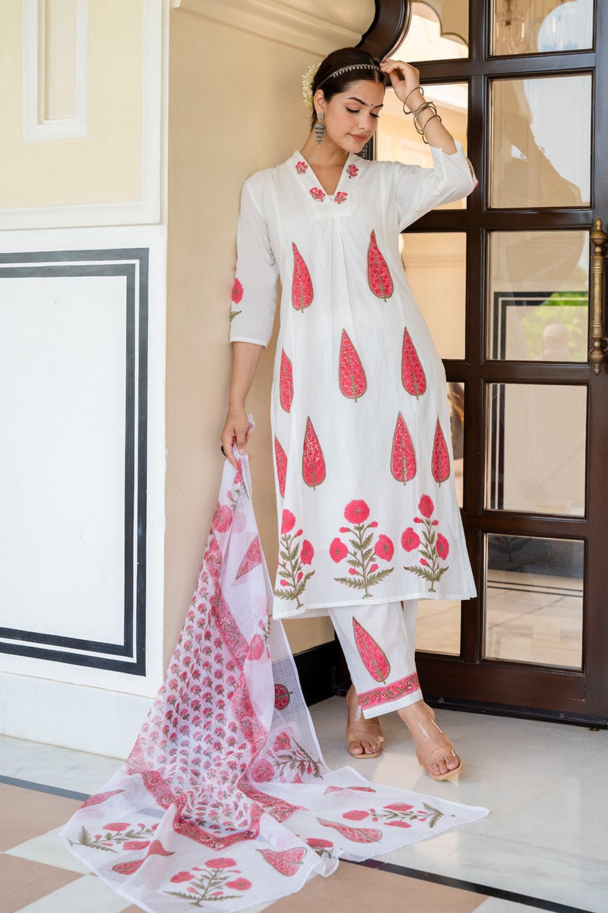 White with red pure cotton with lining block print and kota dupatta three piece set (p761)