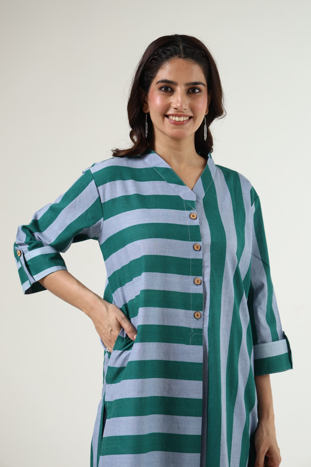 Light Blue with green pure cotton strips two piece cordset   (A527)