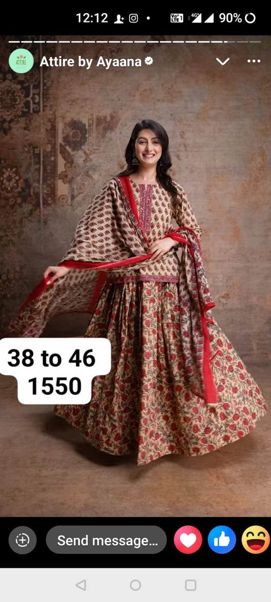 Pure cotton with 5 mit flared ghera skirt paired with smart top and full cotton dupatta (B879) (pls note dispatch after 10 days)