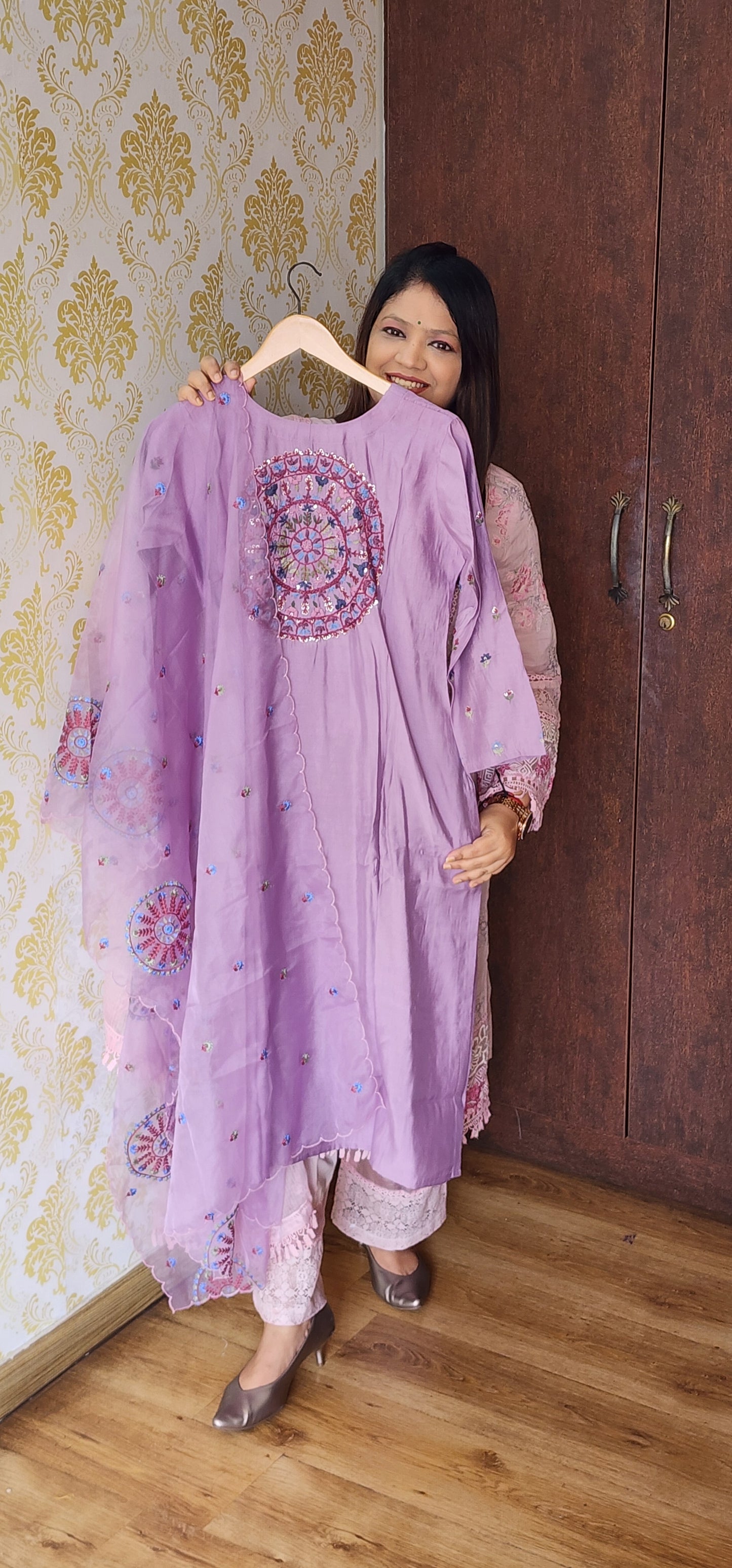 Pure muslin lilac color three piece set (P877)