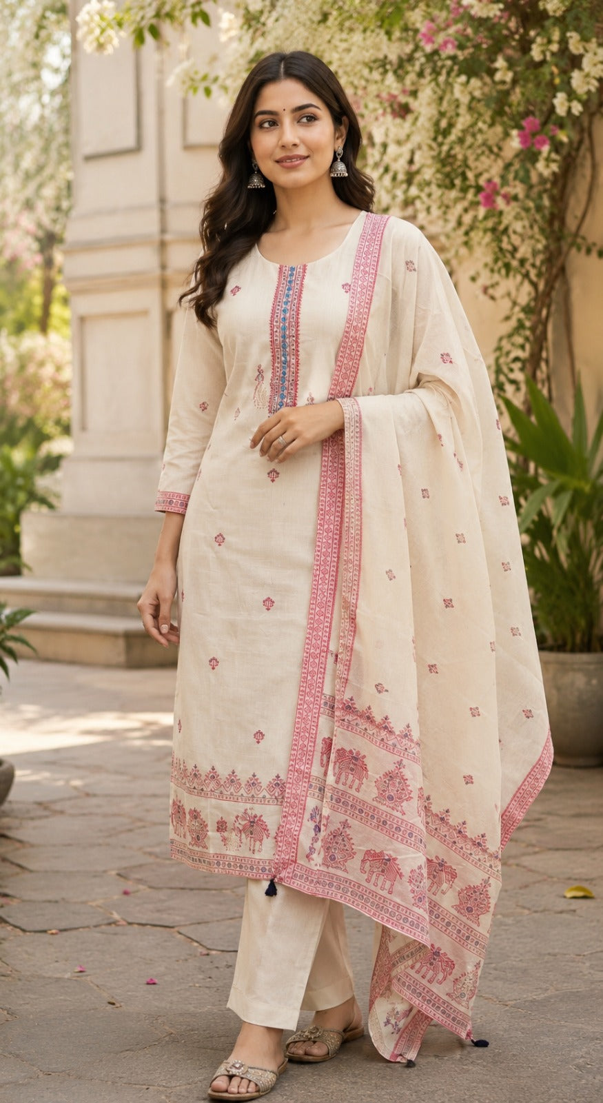 Cotton chanderi with embroidery three piece set (C293)