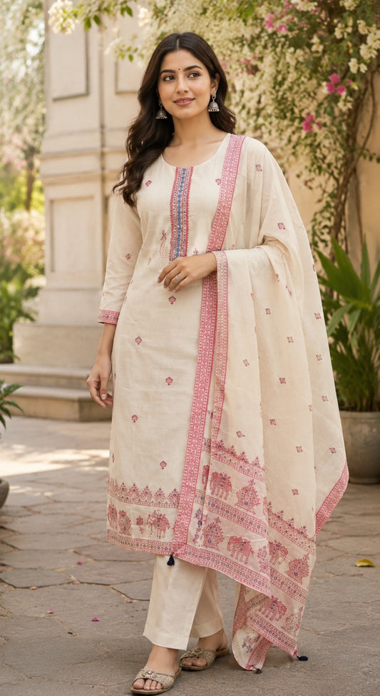 Cotton chanderi with embroidery three piece set (C293)