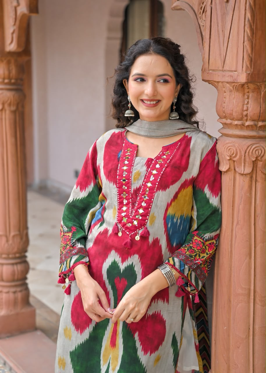 Pure crape with mul lining patola print smart three piece set (C701)