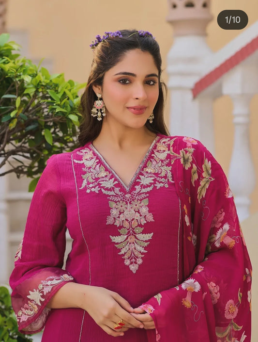 Crush cotton with lining A line kurta with mul lining and designer soft organza dupatta three piece set (B192)