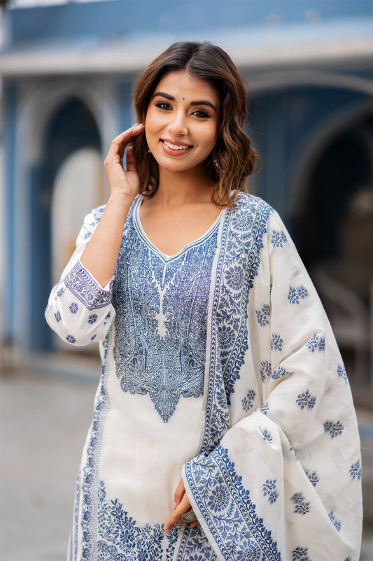 Pure jamdani heavy thread work all over the kurta back and dupatta with mul lining three piece set (A1678)