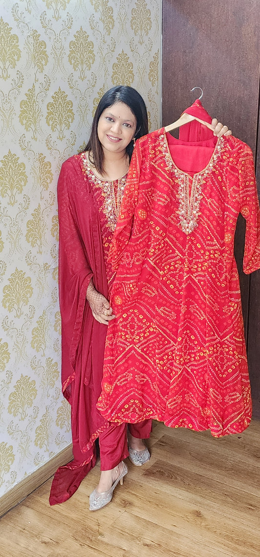 Red bandani print georgette anarkali (P1213)