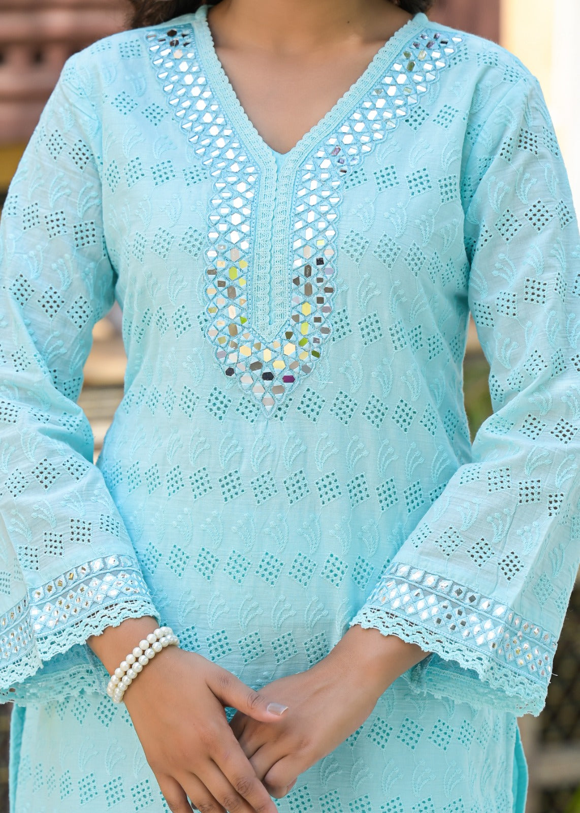 Powder blue hakoba with real mirror work two piece cordset (P2047)