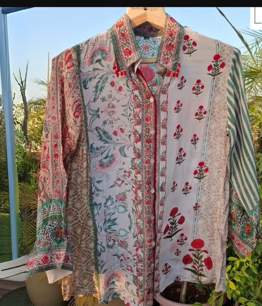 Ivory pure crape with coin detailing only shirt (P2390)