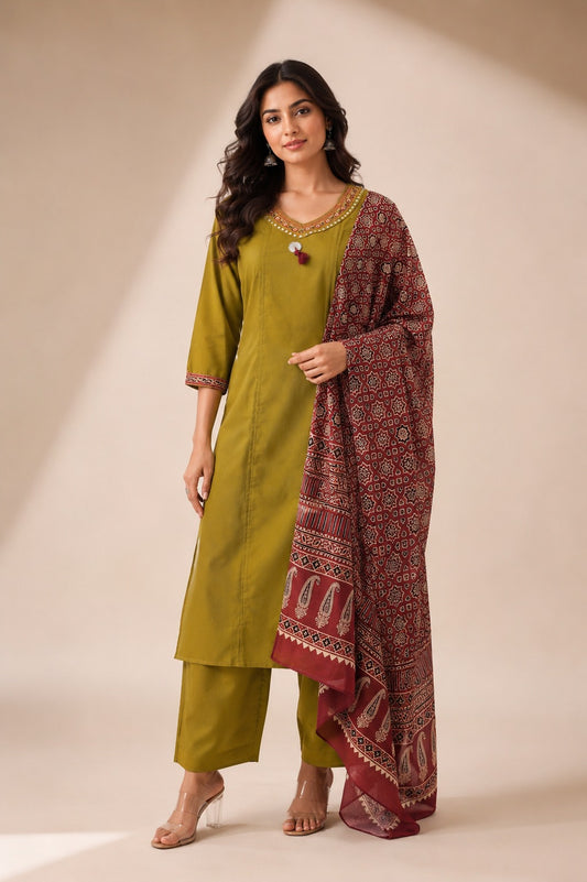 Pure cotton A line pattern kutch work on pocket with Ajrakh dupatta three piece set(B819)