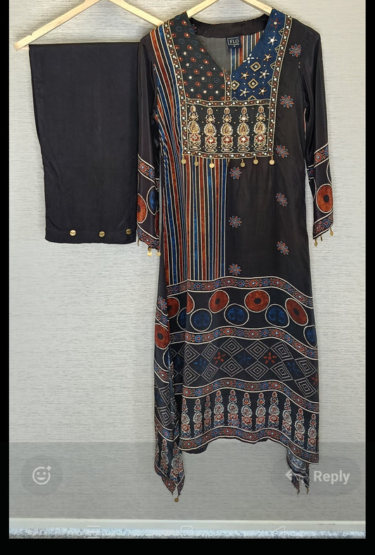 Pure crape silk ajrakh print designer two piece cordset (A1019)