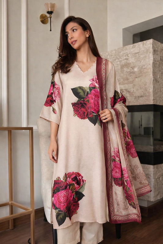 Pure linen with placement print same and back same print three piece set (B143) (dispatch on 28th Feb).