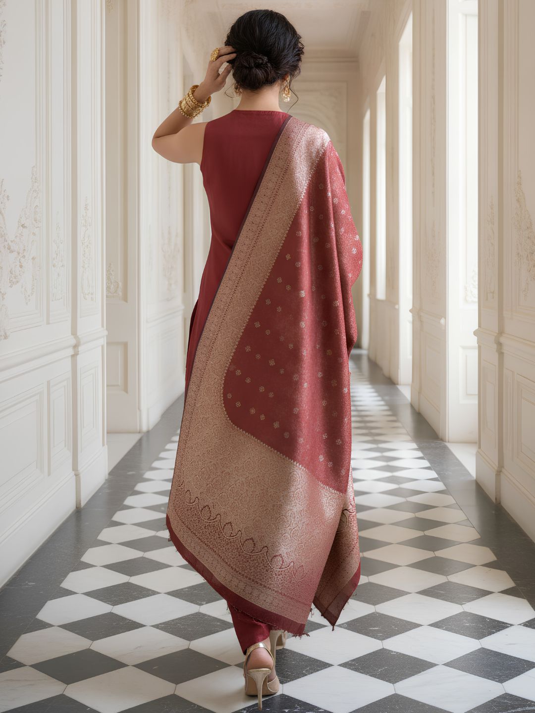 Muslin with banarasi dupatta and paired with farshi salwar three piece set (C669) (optional  sleeve)
