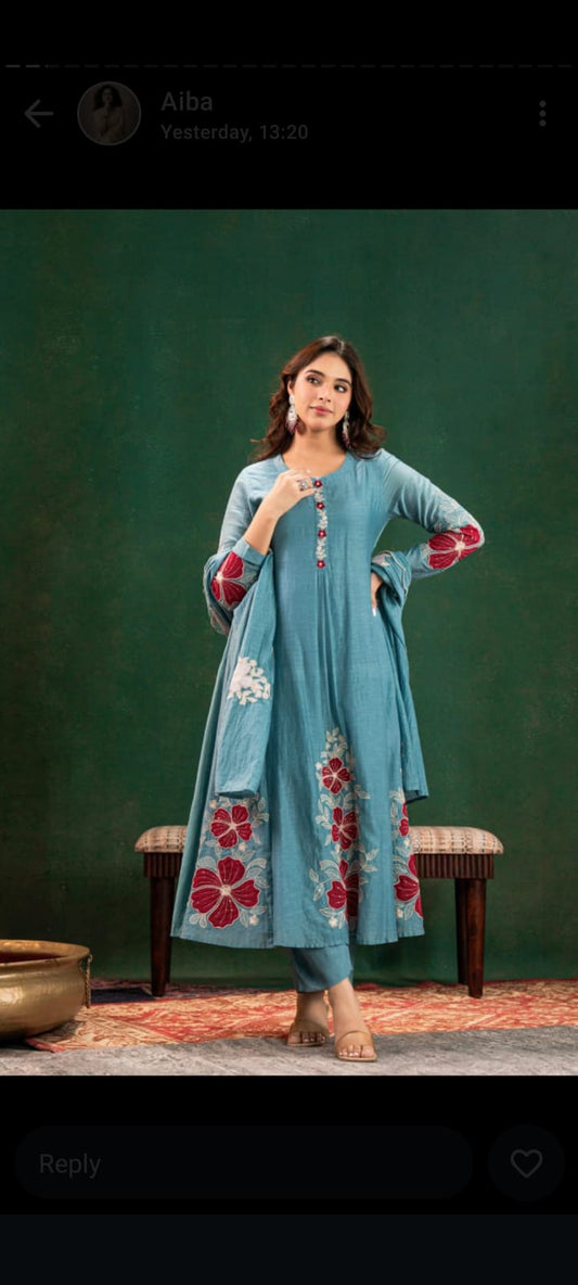 Blue pure mul chanderi with full hand work three piece set (A802)