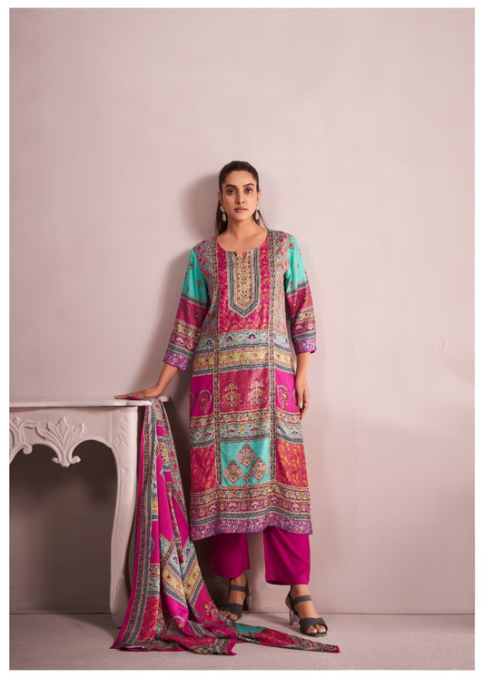 Megenta pure silk three piece set (P705)