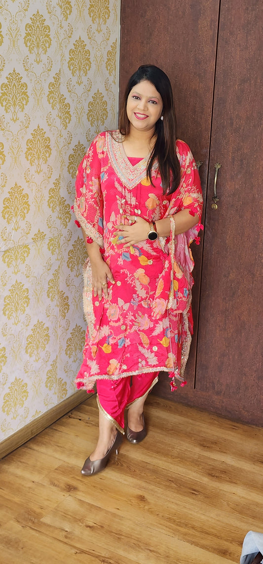 Coral pink pure chinnon with full thread work designer kaftan set (P898)