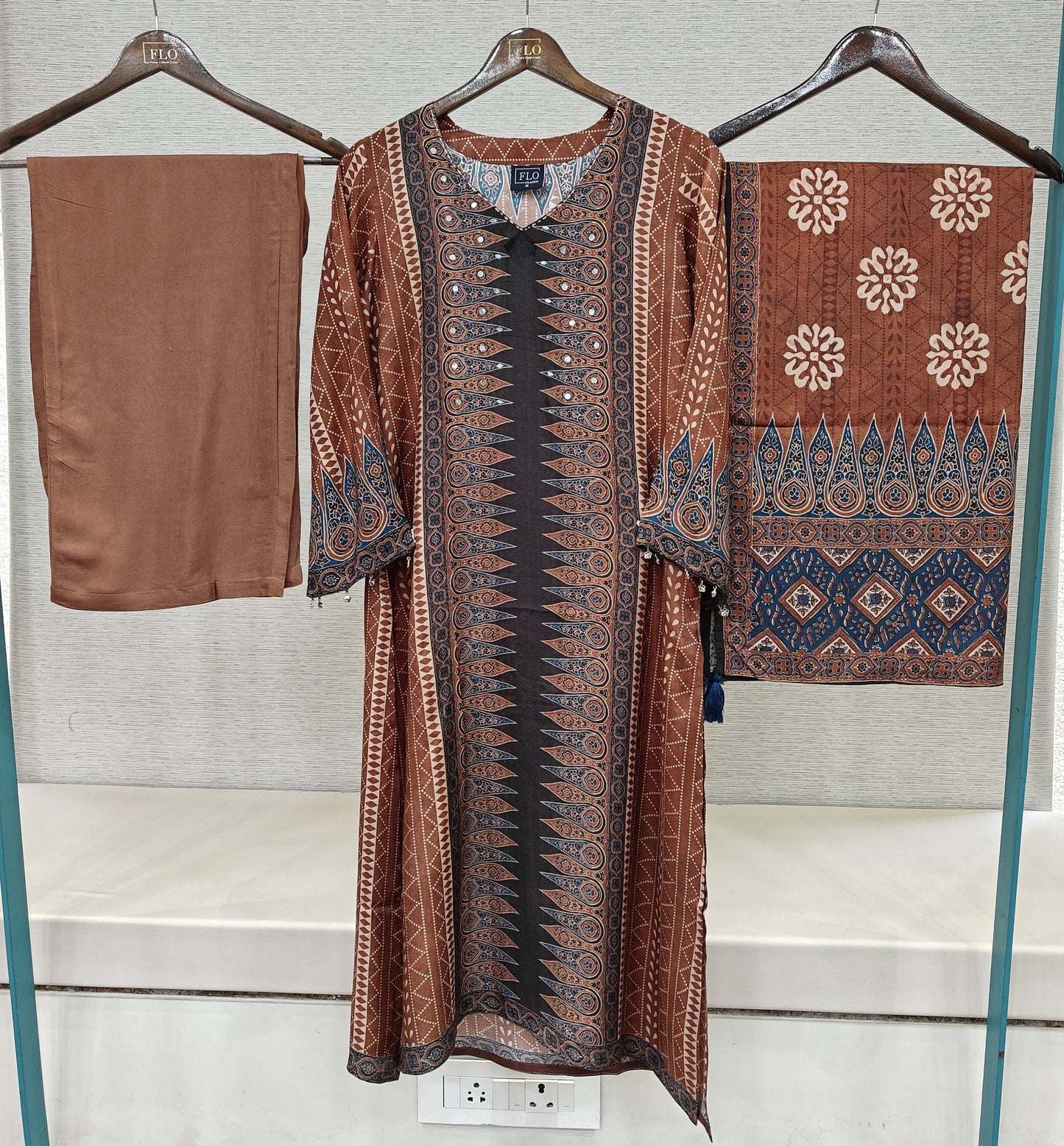 Pure mul silk ajrakh print smart three piece set (C494)