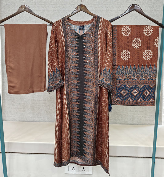 Pure mul silk ajrakh print smart three piece set (C494)