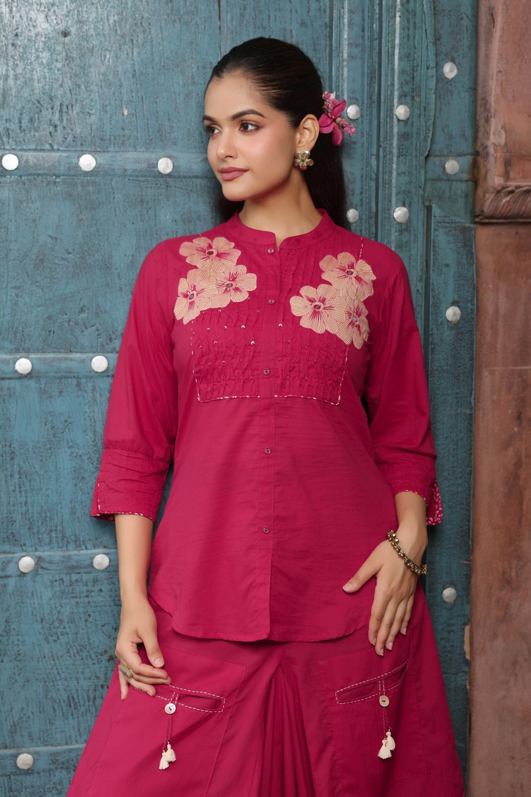 Handloom cotton smart two piece cowl skirt cordset (C543)