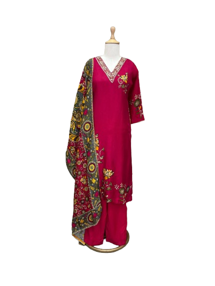 Pure russian silk with kalamkari dupatta three piece set (A1017)
