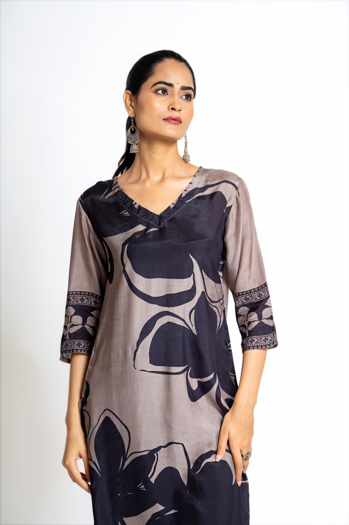 Black with grey pure mul silk two piece set (A213)
