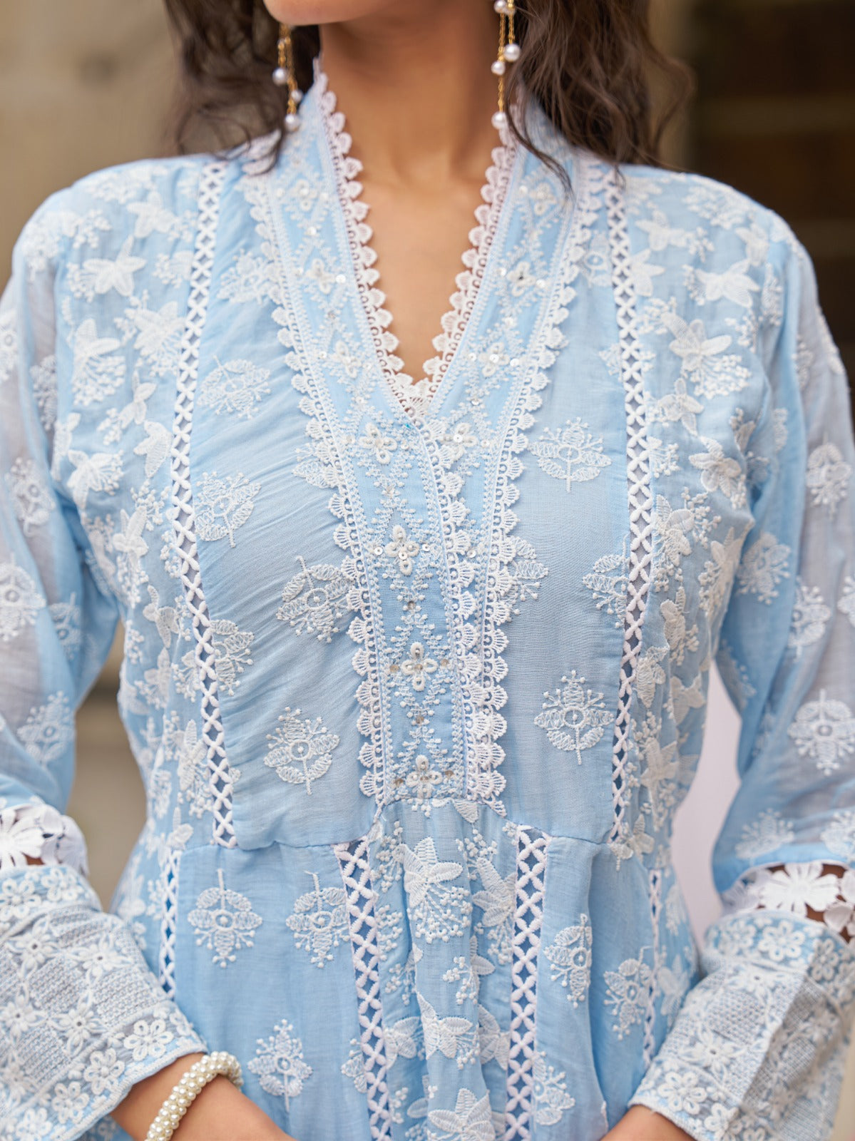 Powder blue full chikankari flared anarkali three piece set (A1779)