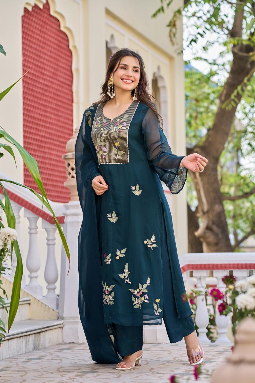 Soft organza with zari work three piece set (B406)