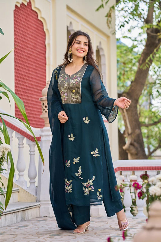 Soft organza with zari work three piece set (B406)