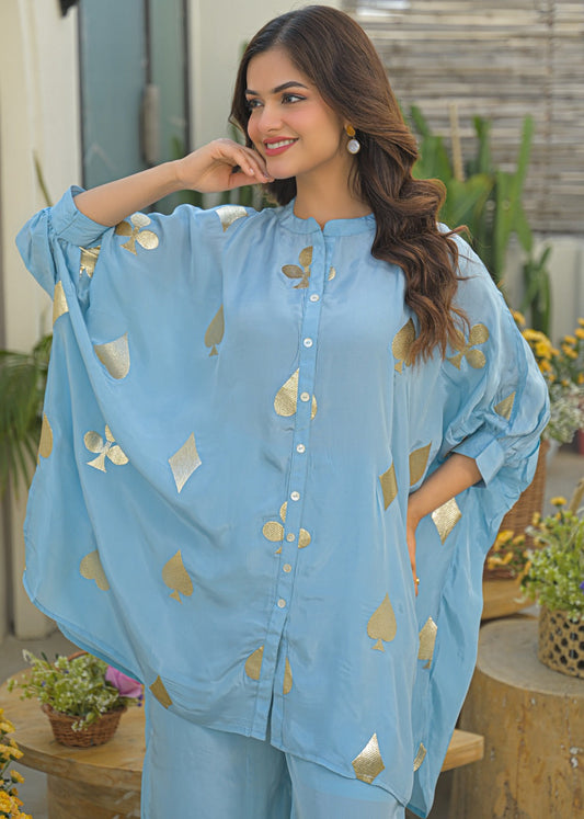 Pure crape gold zari with applique work smart two piece cordset (B468)