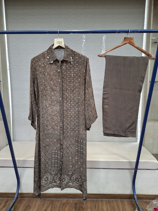 Pure crape Ajrakh print smart two piece cordset (C131)
