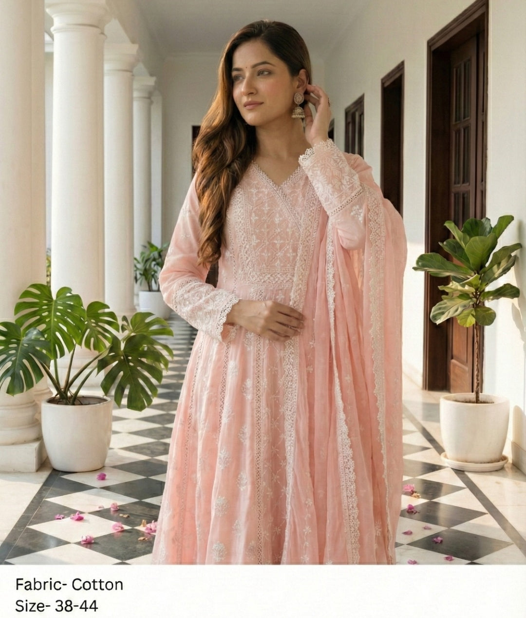 Pure cotton flared full chickanari anarkali three piece set (A1836)