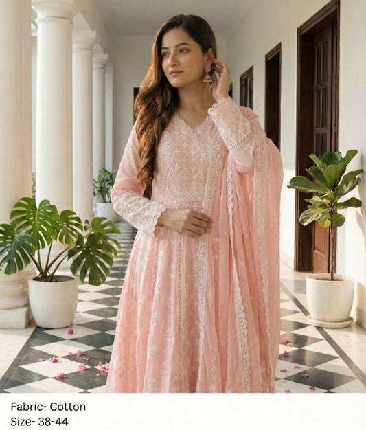Pure cotton flared full chickanari anarkali three piece set (A1836)