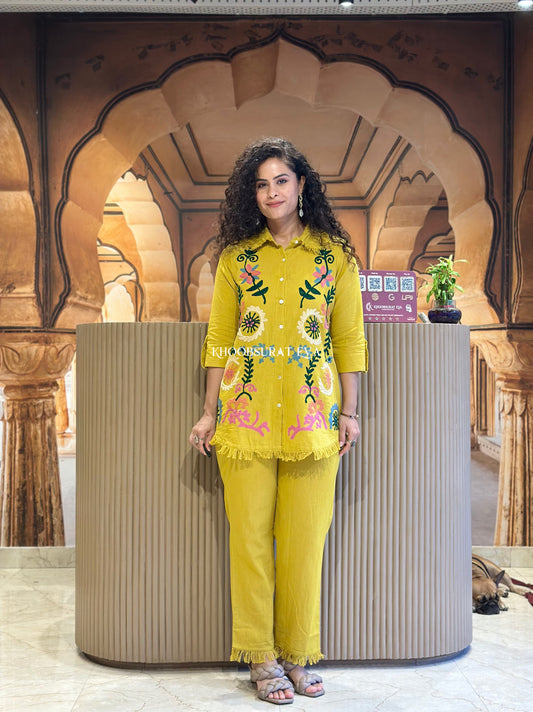 Musterd yellow full thread work two piece cordset (A673)
