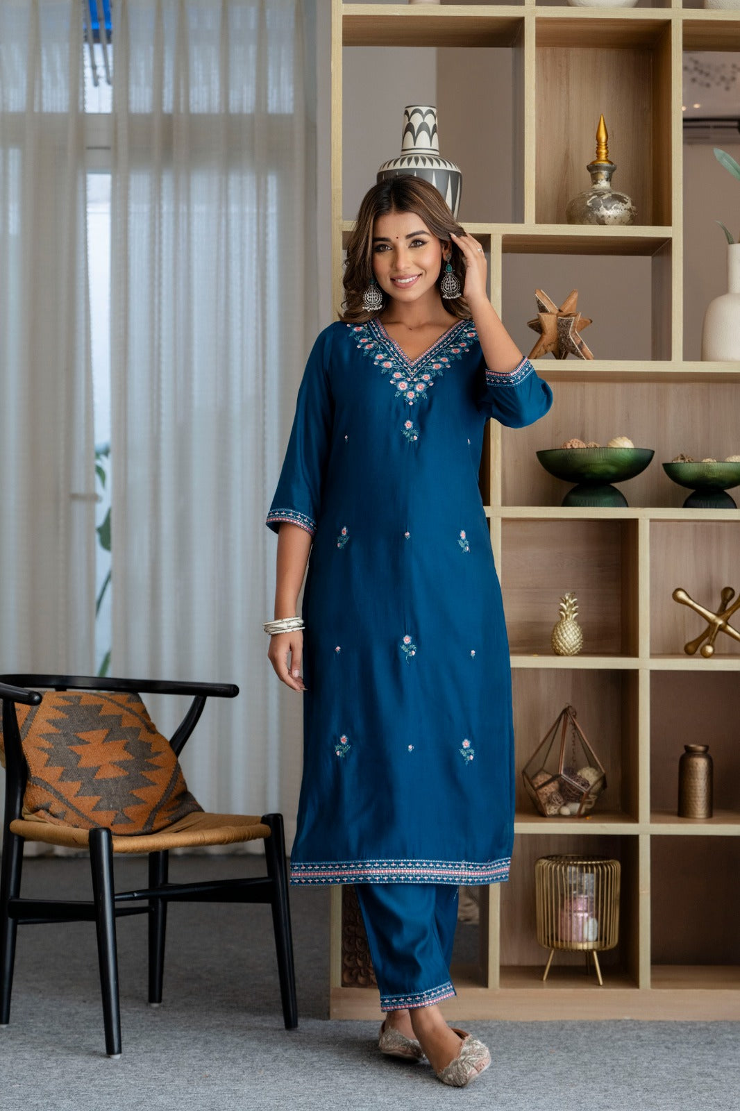 Blue pure muslin silk three piece set (P1077)