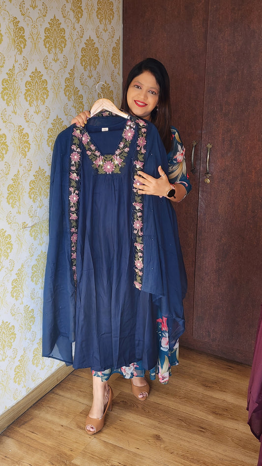 Dark blue heavy cotton rayon with full thread work three piece set (P1349)