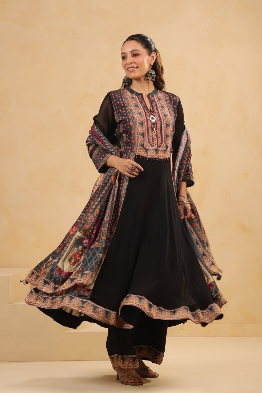 Pure Georgette with silk dupatta three piece set (A424)
