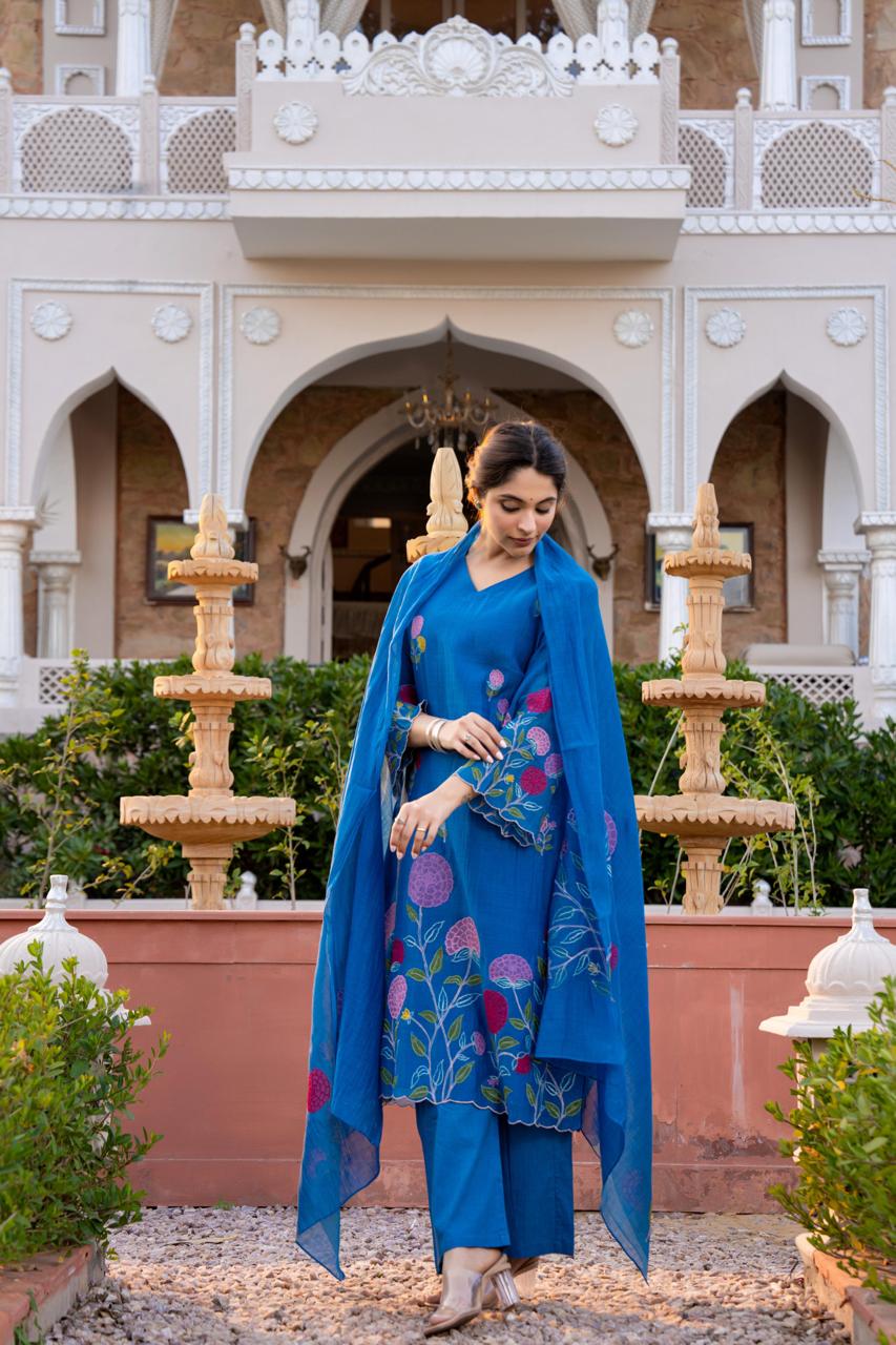Royal blue pure mul chanderi with mul lining full thread work pakistani sleeves three piece set (P2163)