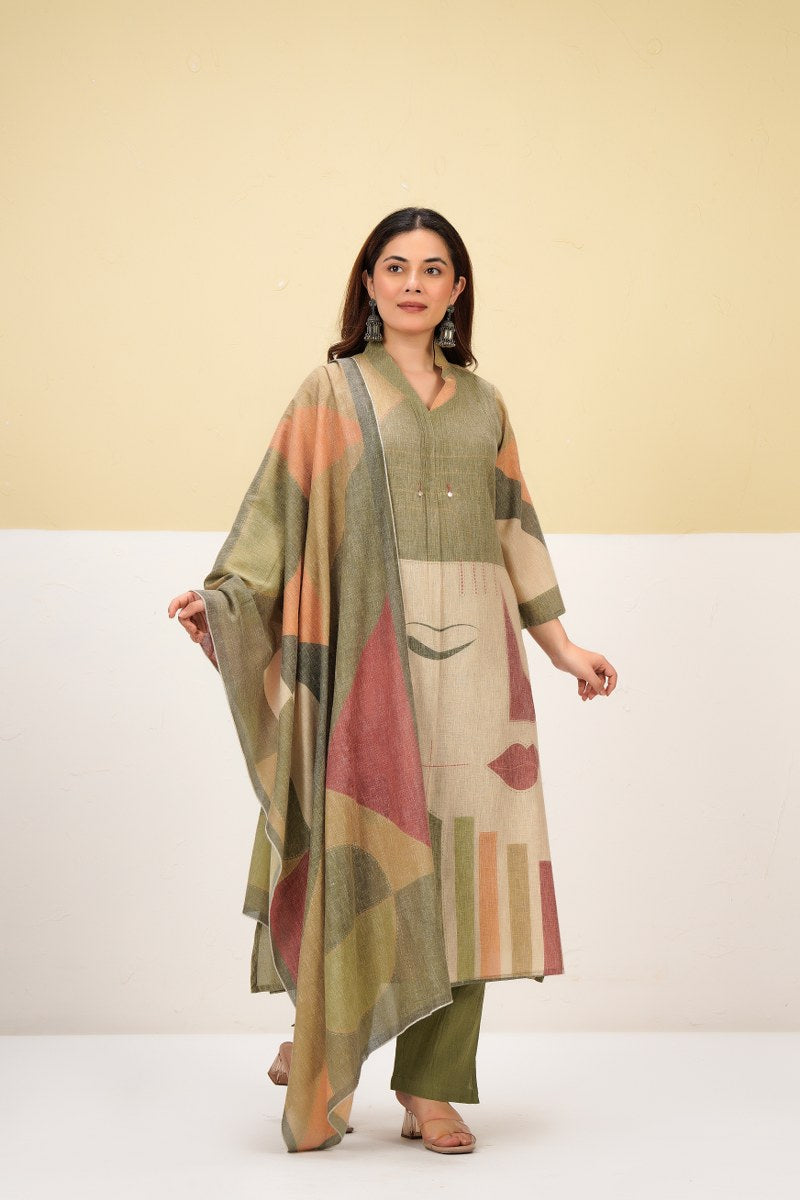 Cotton linen smart three piece set (B694) (loose fit upto 46 can grabe)