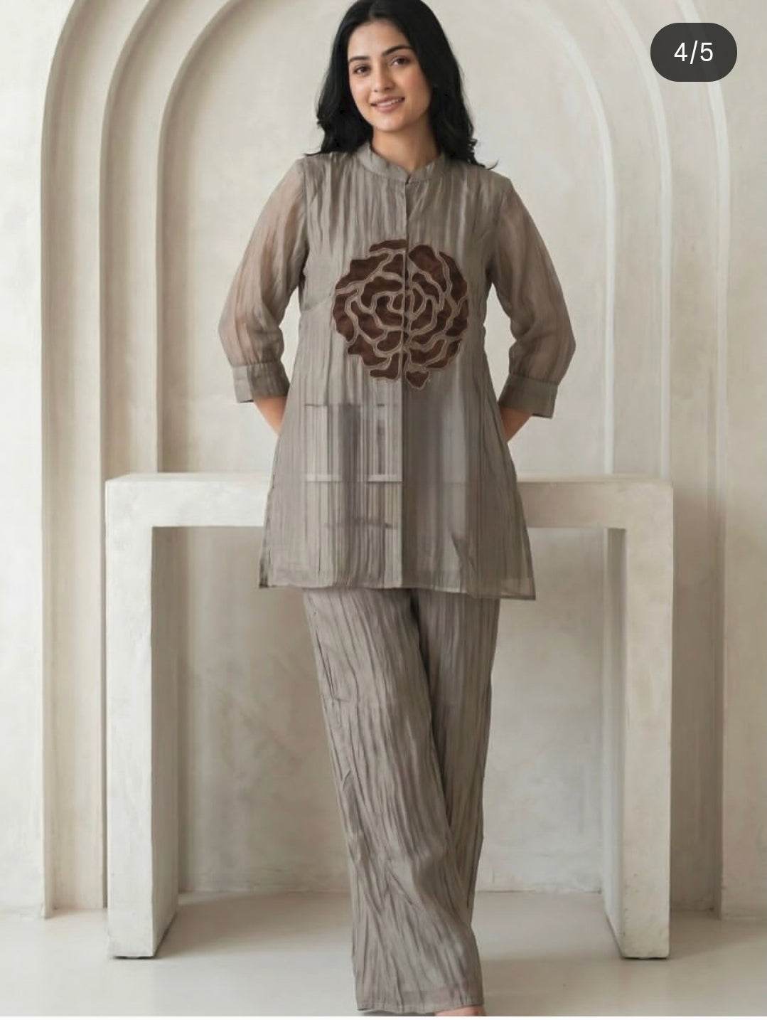 Ash grey glass crush organza with mul lining smart two piece cordset (B982)